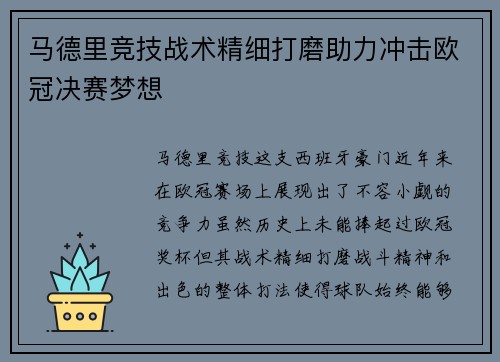 马德里竞技战术精细打磨助力冲击欧冠决赛梦想