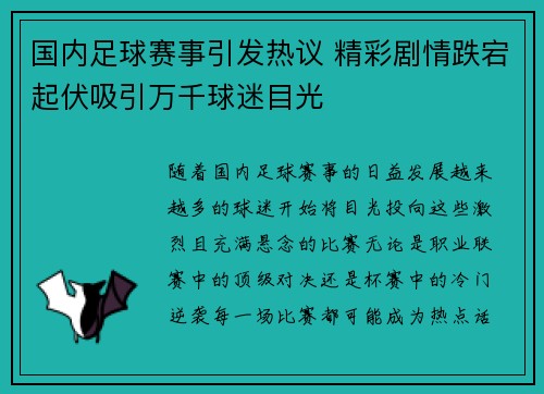 国内足球赛事引发热议 精彩剧情跌宕起伏吸引万千球迷目光