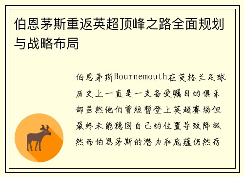 伯恩茅斯重返英超顶峰之路全面规划与战略布局