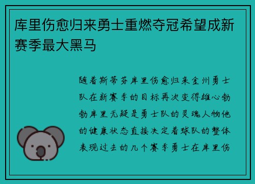 库里伤愈归来勇士重燃夺冠希望成新赛季最大黑马