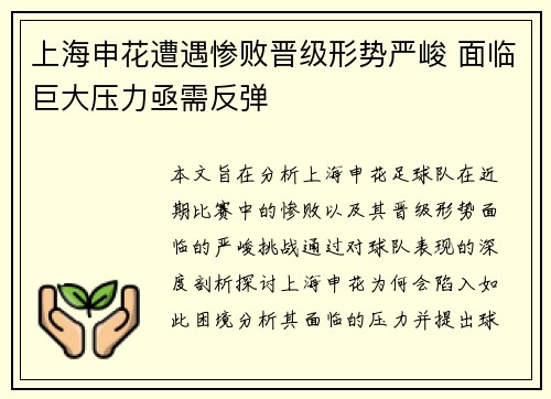 上海申花遭遇惨败晋级形势严峻 面临巨大压力亟需反弹