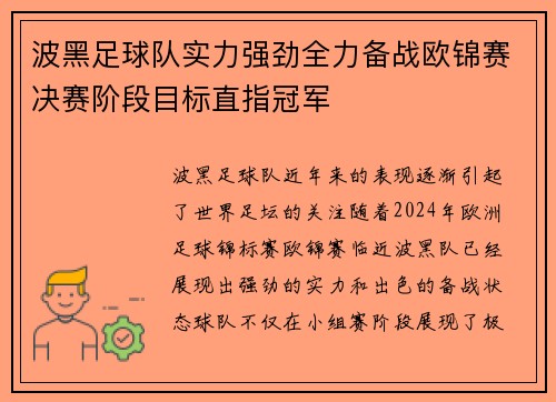 波黑足球队实力强劲全力备战欧锦赛决赛阶段目标直指冠军