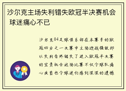 沙尔克主场失利错失欧冠半决赛机会 球迷痛心不已