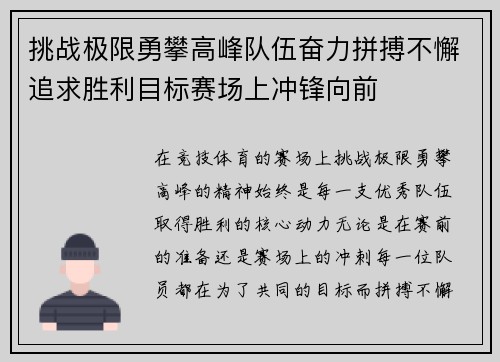 挑战极限勇攀高峰队伍奋力拼搏不懈追求胜利目标赛场上冲锋向前